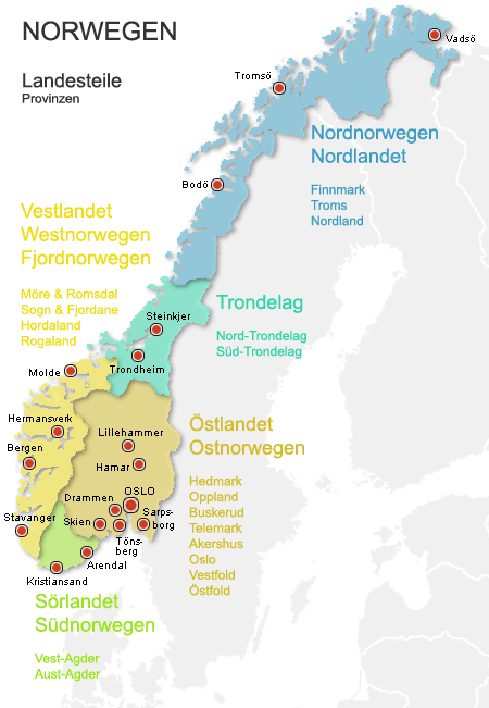 Karte der Landesteile Norwegens
